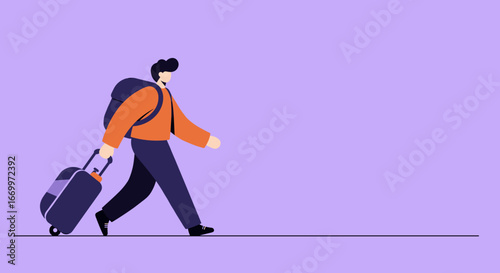 Stylized flat illustration of a person walking with a suitcase and backpack, representing a journey, holiday, or business travel.