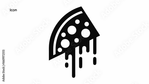 A slice of pizza with melting cheese and toppings in a black and white graphic illustration style icon silhouette