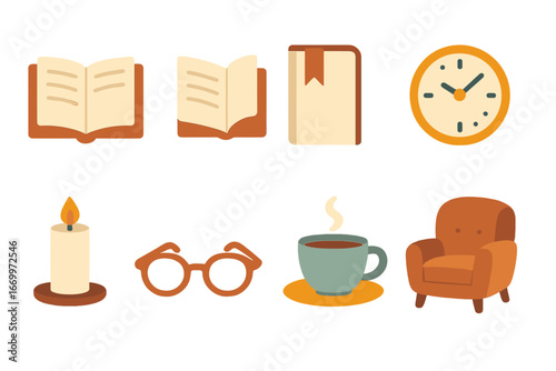 Children's Reading Icons. Flat vector mini-illustrations final chapter in colors children's illustrations: open book, page turning