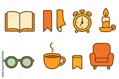 Children's Reading Icons. Flat vector mini-illustrations final chapter in colors children's illustrations: open book, page turning
