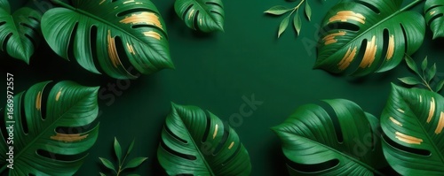 Dark green & gold tropical foliage, elegant leaf pattern , golden, banana