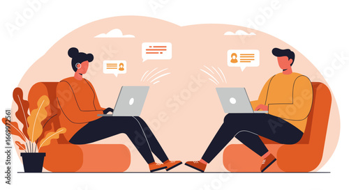 People remotely collaborating and communicating online using laptops. Modern digital lifestyle, freelance work, and virtual team connection concept.