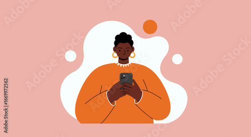 Young Black woman uses smartphone for social media or communication. Modern technology, connectivity, and digital lifestyle concept.