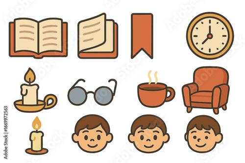 Children's Reading Icons. Flat vector mini-illustrations final chapter in colors children's illustrations: open book, page turning