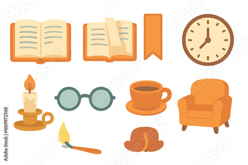 Children's Reading Icons. Flat vector mini-illustrations final chapter in colors children's illustrations: open book, page turning