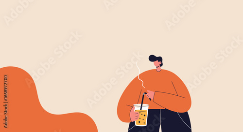Modern flat illustration of a person enjoying a refreshing beverage. Perfect for lifestyle, food, or casual refreshment concepts, evoking relaxation and daily pleasures.