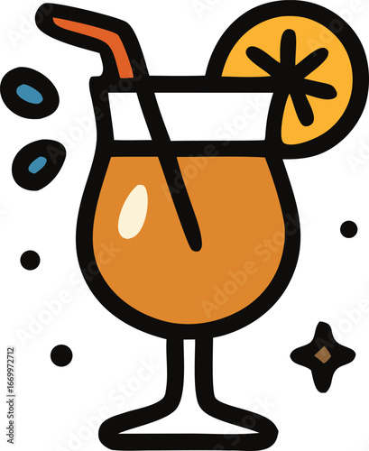 Vacation cocktail with a straw and orange slice, a refreshing poolside drink. Ideal for travel blogs, summer newsletters, and vacationthemed designs.