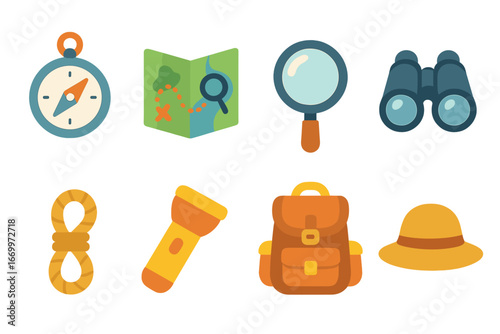 Children's Safety Icons. Flat vector mini-illustrations explorer tools in colors children's illustrations: compass, map,