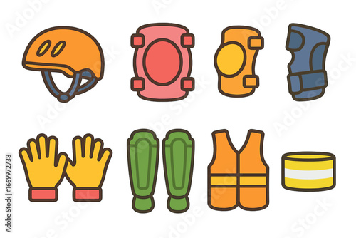 Children's Safety Gear. Flat vector mini-illustrations protective gear covers in colors children's illustrations: helmet cover,