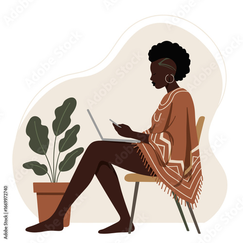 Stylish Black woman multitasking with laptop and smartphone, working remotely from home. Represents modern digital lifestyle, productivity, and online connectivity.