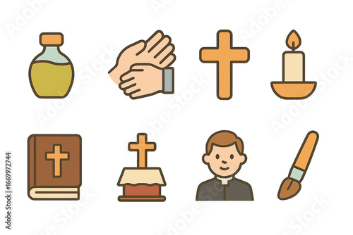 Children's Sacrament Illustrations. Flat vector mini-illustrations anointing sacrament in colors children's illustrations: oil