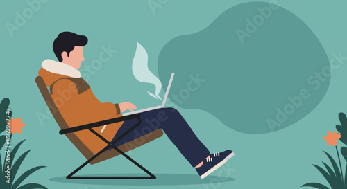 Young man working remotely on a laptop in a relaxed outdoor setting, illustrating modern flexible work, freelance, or digital nomad lifestyle.