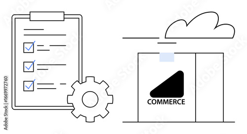 Checklist with marked tasks next to a gear and commerce package under a cloud. Ideal for e-commerce, logistics, task management, goal tracking, business planning, supply chain, digital workflow