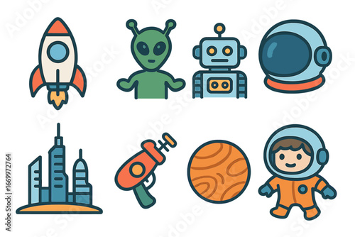 Children's Sci-Fi Icons. Flat vector mini-illustrations science fiction in colors children's illustrations: rocket ship, alien,