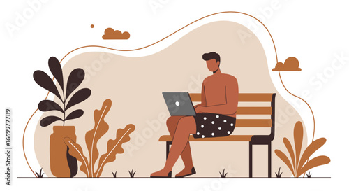 Man working remotely on a laptop while relaxing outdoors on a bench, blending productivity with a relaxed lifestyle or vacation. Ideal for business, travel, and technology themes.