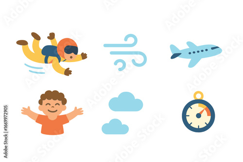 Children's Skydiving Adventure. Flat vector mini-illustrations freefall in colors children's illustrations: skydiver falling, wind