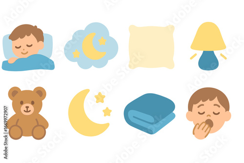 Children's Sleep Icons. Flat vector mini-illustrations sleep relax in colors children's illustrations: sleeping child, dream cloud