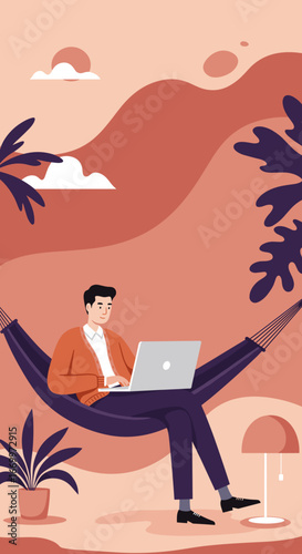Young man works comfortably on a laptop in a hammock, showcasing remote work, digital nomad life, and work-life balance in a serene, abstract environment.
