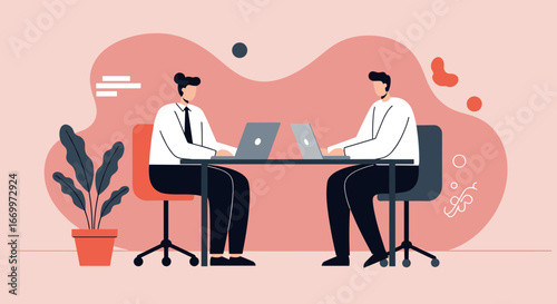Two male professionals working on laptops at a shared desk. Represents teamwork, productivity, business collaboration, and a modern office environment.