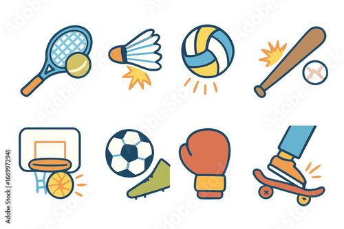 Children's Sports Icons. Flat vector mini-illustrations game hit in colors children's illustrations: baseball, bat, ball hitting