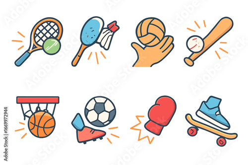 Children's Sports Icons. Flat vector mini-illustrations game hit in colors children's illustrations: baseball, bat, ball hitting