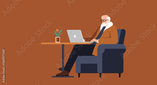 An elderly man with glasses and a beard sits comfortably in an armchair, focused on his laptop. Ideal for themes of senior tech use, modern retirement, learning, and remote work.