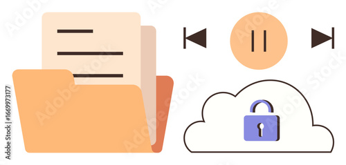 Open folder with documents, cloud with padlock, and playback controls. Ideal for data management, cloud storage, cybersecurity, media access, digital organization, workflow simple flat metaphor