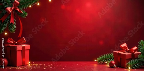 Elegant gold lettering on a rich red background; festive gift boxes, pine boughs, ribbons, and shimmering lights , vector, christmas card, celebration