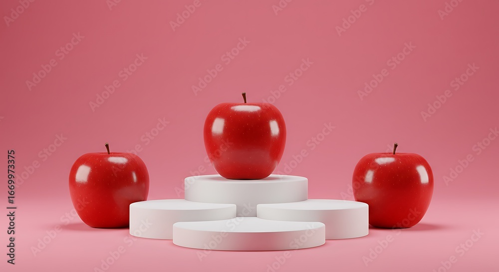 Obraz premium Some red apples displayed on a pink background with cylinder white podiums.