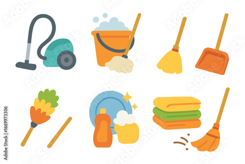 Chores for Kids. Flat vector mini-illustrations household chores in colors children's illustrations: vacuum cleaner, mop and