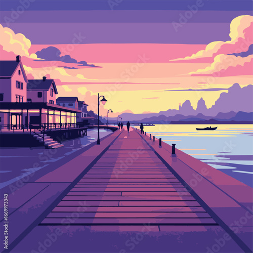 Wooden pier pathway at seaside sunset
