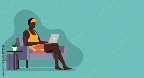 African American man in casual attire working remotely on a laptop from a comfortable sofa, blending travel and business. Ideal for digital nomad concepts, remote work, or vacation productivity.