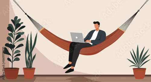 Relaxed man working remotely on a laptop in a cozy hammock, surrounded by plants. Perfect for themes of flexible work, comfort, and modern lifestyle balance.
