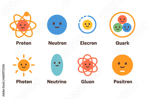 Colorful Atomic Icons. Flat vector mini-illustrations atomic particles in colors children's illustrations: proton, neutron,