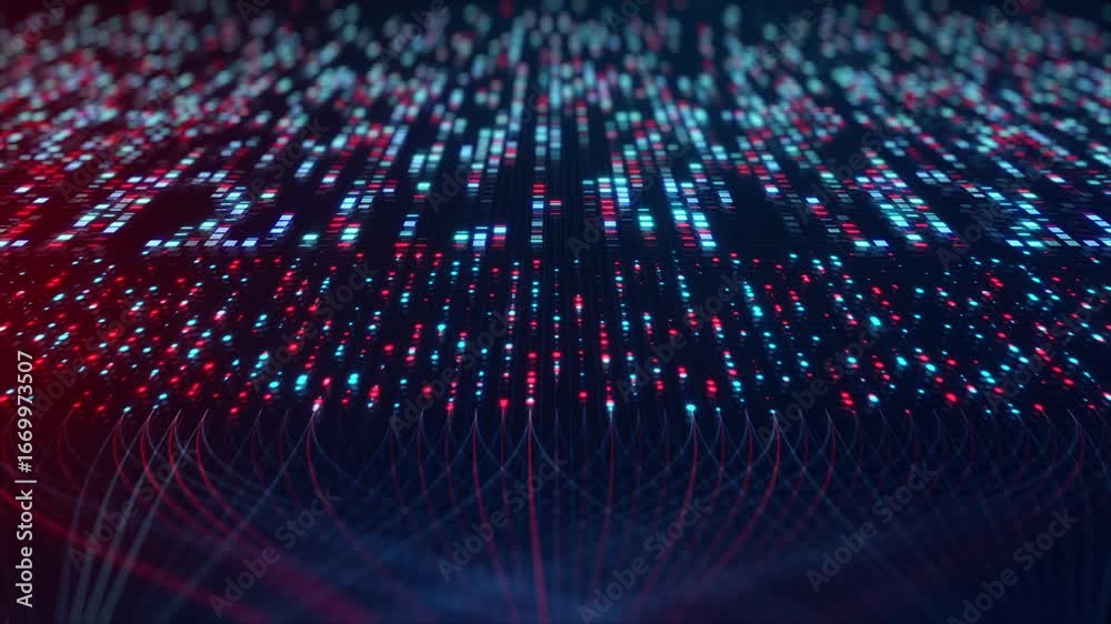 Neural Network Big Data Flow Visualization, Binary Code Matrix, AI Machine Learning Abstract Background, Quantum Computing, Cyber Security, Futuristic Technology Artificial Intelligence Digital Grid