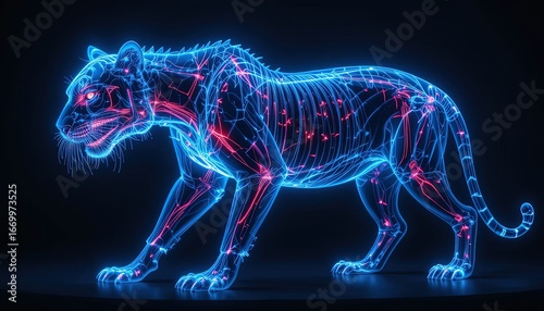 A digital illustration of a tiger's anatomy, showcasing the skeletal and circulatory systems with glowing neon colors.