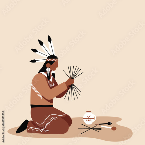 Illustration of a Native American person in traditional attire, kneeling and engaged in cultural work with sticks and pottery, depicting heritage and craftsmanship.