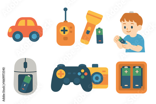 Colorful Battery Icons. Flat vector mini-illustrations battery usage in colors children's illustrations: toy car, remote control,