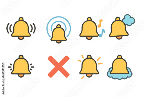 Colorful Bell Sounds. Flat vector mini-illustrations bell sounds in colors children's illustrations: ringing sound waves,