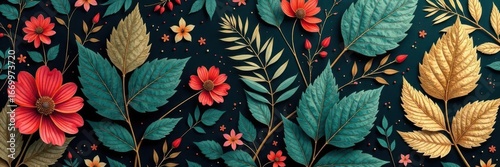 Gold leaf & botanical line art wallpaper pattern, elegant, fabric, stylish