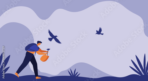 Hiker releasing a bird into the expansive sky, symbolizing freedom, environmental care, and connection with nature. Perfect for travel, adventure, and conservation themes.
