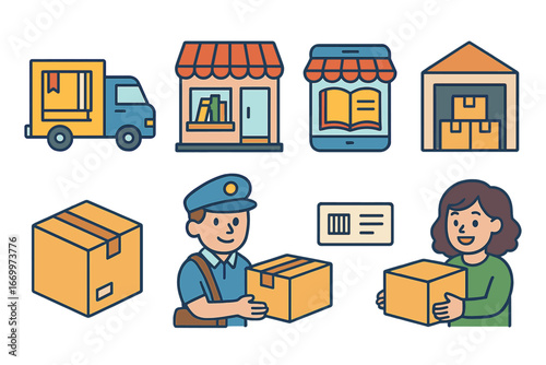 Colorful Book Distribution Icons. Flat vector mini-illustrations book distribution in colors children's illustrations: delivery