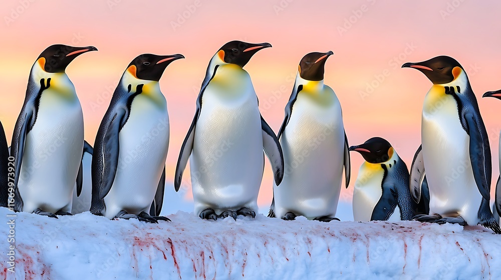 Obraz premium A colony of majestic king penguins stands in the snow-covered landscape of Antarctica, a true display of polar wildlife
