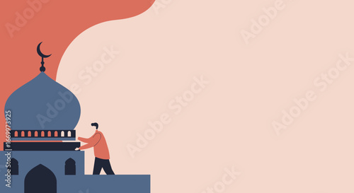 Man assembling parts of a mosque, symbolizing community, faith, and dedication. Ideal for religious events, cultural celebrations, or collaborative projects.