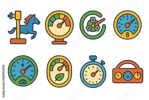 Colorful Car Gauges. Flat vector mini-illustrations horsepower measurement in colors children's illustrations: dynamometer, power