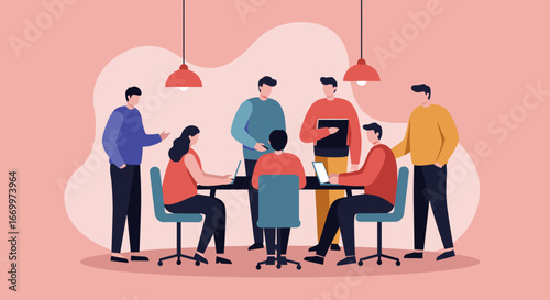 Diverse group of professionals collaborating in a modern office, engaged in a productive business meeting and teamwork.