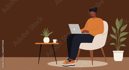 Person working remotely on a laptop in a modern, comfortable home environment. Ideal for concepts of productivity, freelance work, and online learning.