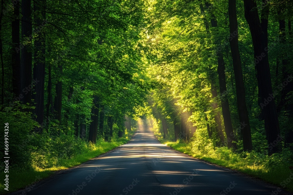 Fototapeta premium Scenic road in bright green forest