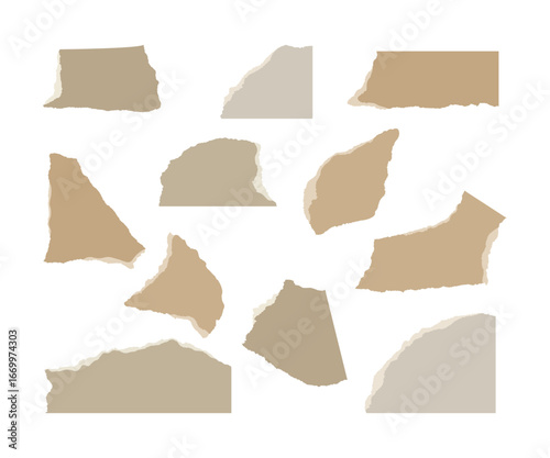  A collection of isolated, irregularly torn pieces of paper in shades brown. Realistic ripped paper strips. Torn vintage paper. Trendy collage elements. Vector illustration
