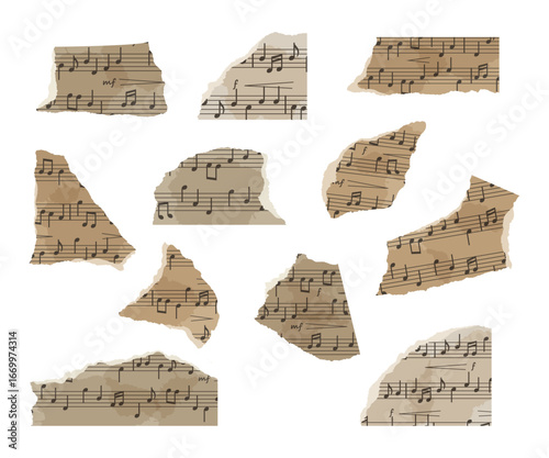 Set of  vintage torn sheet music paper scraps with musical notes, taped fragments, retro aesthetic. Trendy collage elements. Vector illustration
